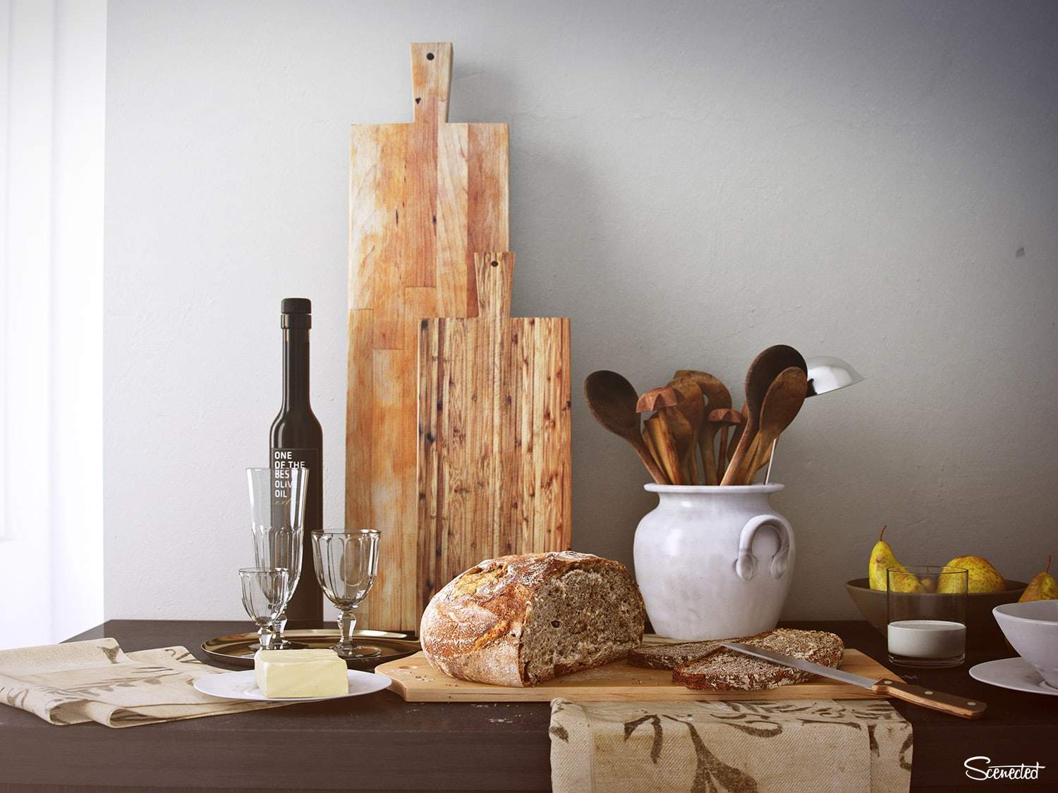 Mediterrian kitchen scene with a detailed bread and accessories