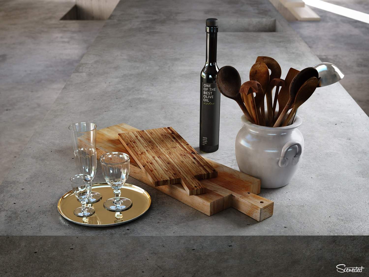 Mediterrian kitchen scene with a detailed bread and accessories